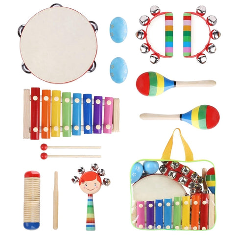 Kids Musical Instruments 12Pcs Xylophone Tambourine Set Preschool Educational Toy With Carrying Bag Baby Toy Rattle ball Hand